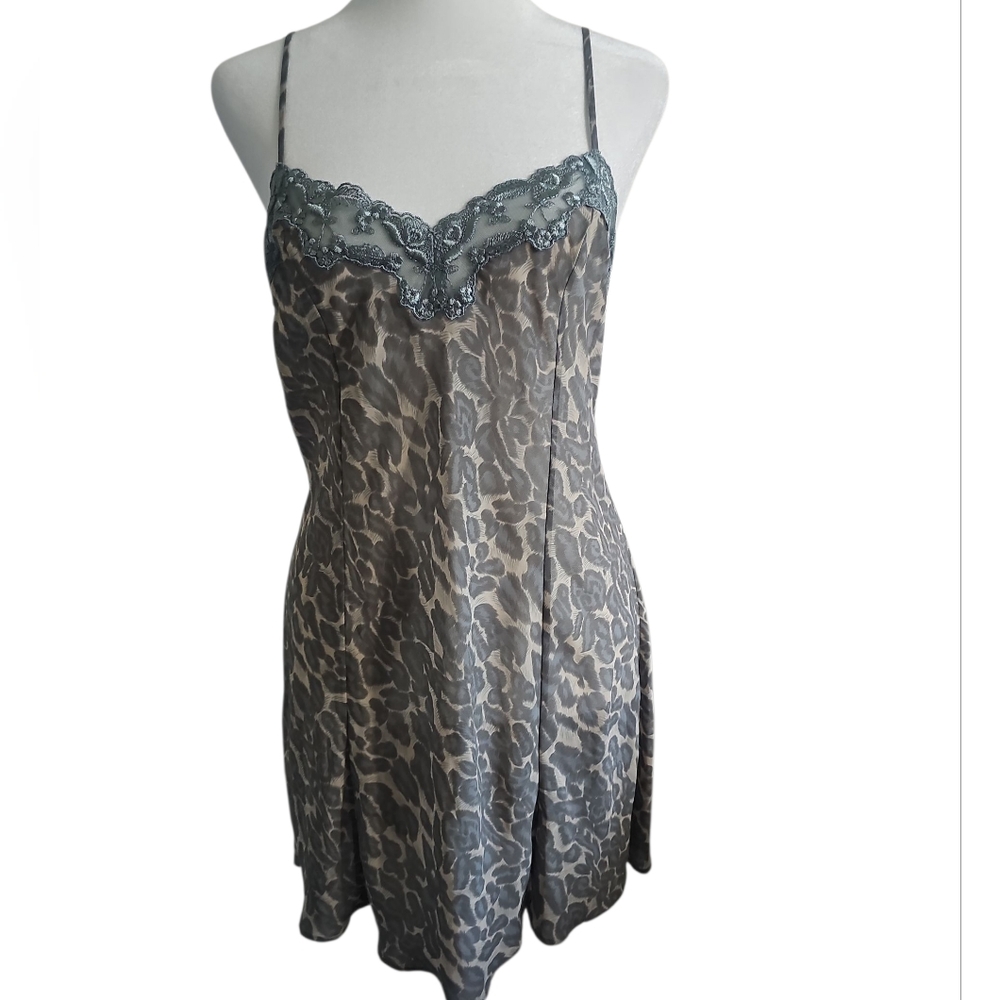 Vintage Victoria's Secret Sheer Animal Print Slip Dress with Lace Trim Medium